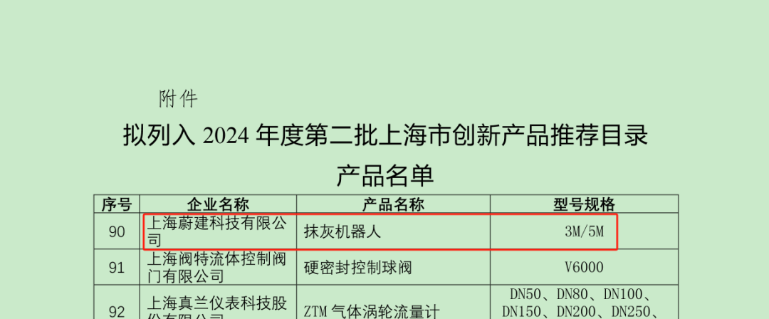 蔚建抹灰機(jī)器人入選《上海市創(chuàng)新產(chǎn)品推薦目錄》